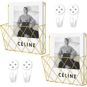2 Pack Gold Wall Mounted Magazine Holder 9.8" x 10.2" Metal File Organizer Magazine Rack Mail Holder for Home Office Storage Shelf Study Room Organization