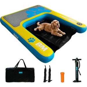 Beyond Marina Dog Pool Ramp - Inflatable Dog Water & Boat Ramp for Lake, Floating Pontoon Dock Ladder with Non-Slip EVA, PUP ON Standard, Extra Large 47" x 39" x 6", Blue/Yellow, Supports 200 lbs