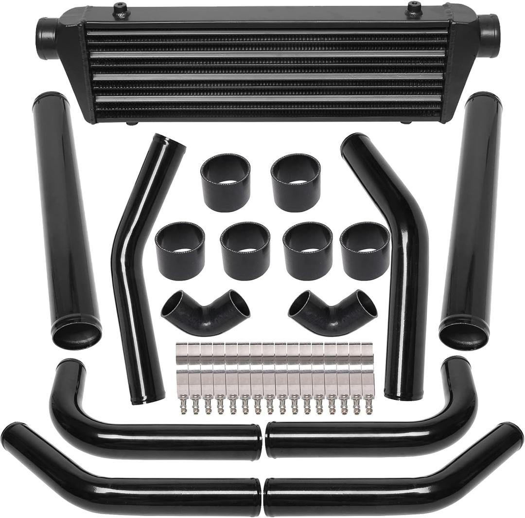 28" x 7" x 2.5" Universal Intercooler Kit with Intercooler + 2.5" 8pcs Bent Pipes + 6pcs Straight Couplers + 2pcs 90 Degrees Elbow Couplers + 16pcs Clamps Black