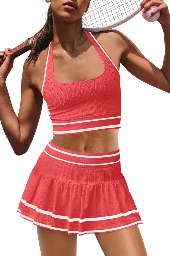Panadila Women 2 Piece Tennis Skirt Sets Workout Set Halter Sports Bra and Golf Skort Athletic Outfits (Large, Red)