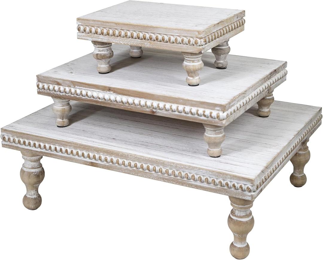 MAONAME Wood Display Risers Decorative Tray Set of 3, Farmhouse Pedestal Stand for Display Home Decor, Vintage White Beaded Wooden Tray for Kitchen Counter, Short and Tall Footed