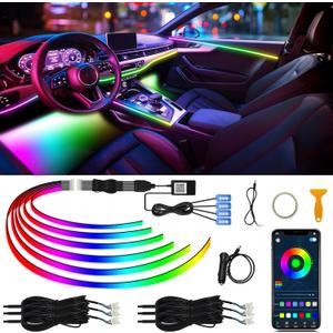 Acrylic Interior Car LED Strip Light with Wireless APP, Dreamcolor 10 in 1 with 175 inches 593 LEDs Fiber Optic Ambient Lighting Kits, 16 Million Colors Sound Active Function Car Neon Lights (Dreamcolor 10 ligths (one control box))