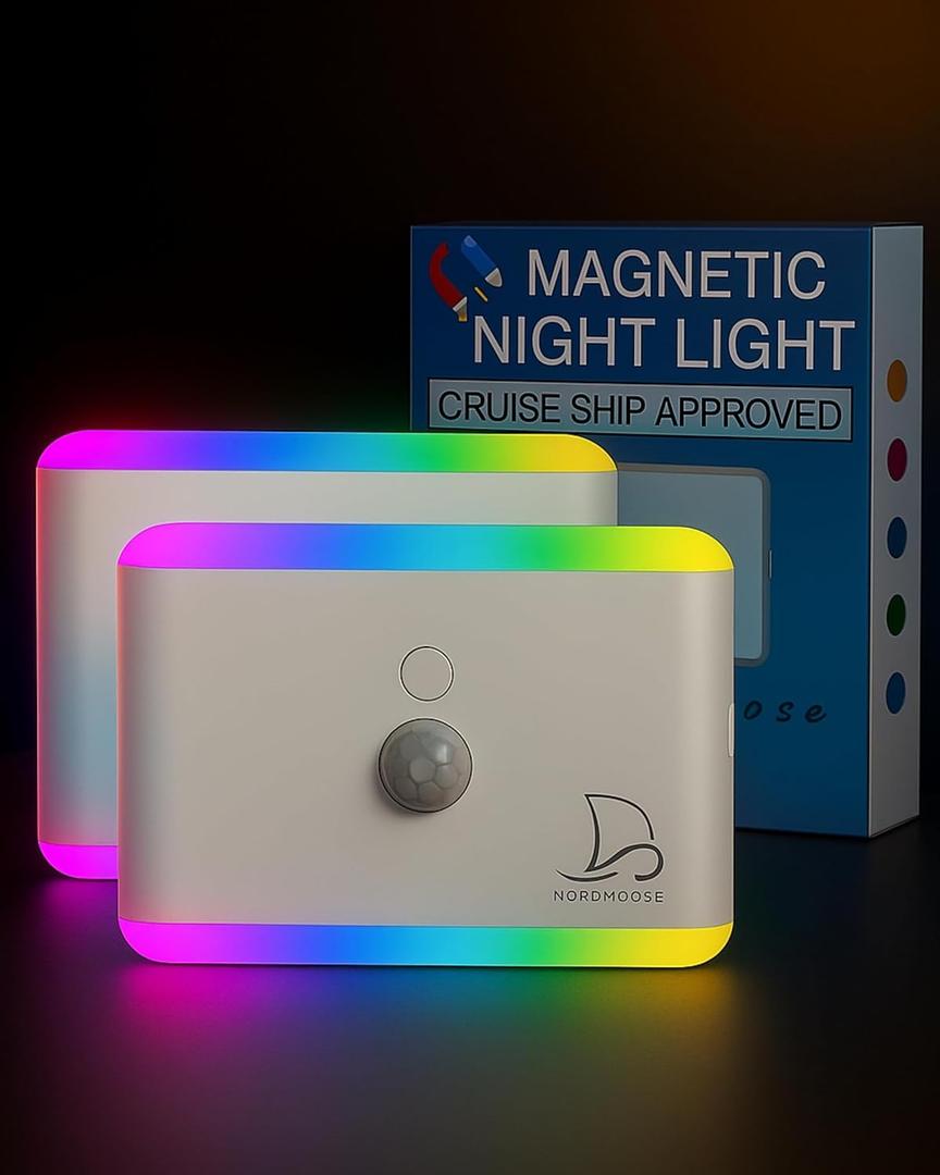 Nordmoose 2-Pack Magnetic Night Light for Cruise Ship Cabin Walls - Fun Color Changing, Dimmable Travel NightLight for Kids Room - Motion Sensor Rechargeable Light