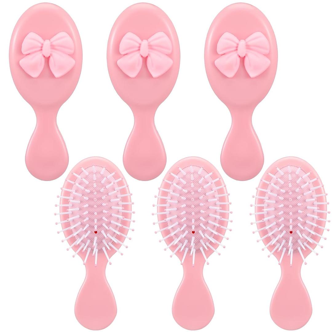 Meanplan 6 Pcs Mini Hair Brush with Bow Travel Detangling Brush Bulk Pink Coquette Small Hairbrush for Dry and Wet Hair Women (Pink)