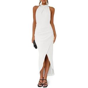 Fisoew Womens Halter Neck Party Dress Sleeveless Slit Textured Backless Sim Fit Ruched Sexy Midi Cocktail Dresses M/L