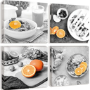 Kitchen Canvas Wall Art Black and White Food Prints Fruit Oranges Art Painting Pictures Abstract Still Life Artwork 4 Panels Framed Pictures