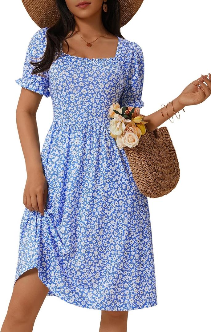 MSBASIC Women's Summer Casual Square Neck Dress Floral Puff Sleeve A Line Midi Sundress with Pockets (Blue, XS)