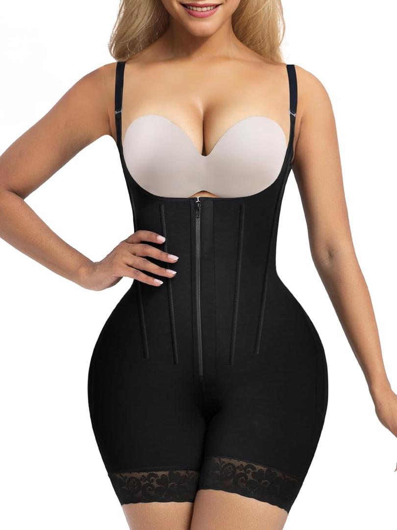 SHAPERX Shapewear for Women Tummy Control Body Shaper Butt Lifter Bodysuit Postpartum Girdles with Adjustable Straps (Black (Zipper)) XL