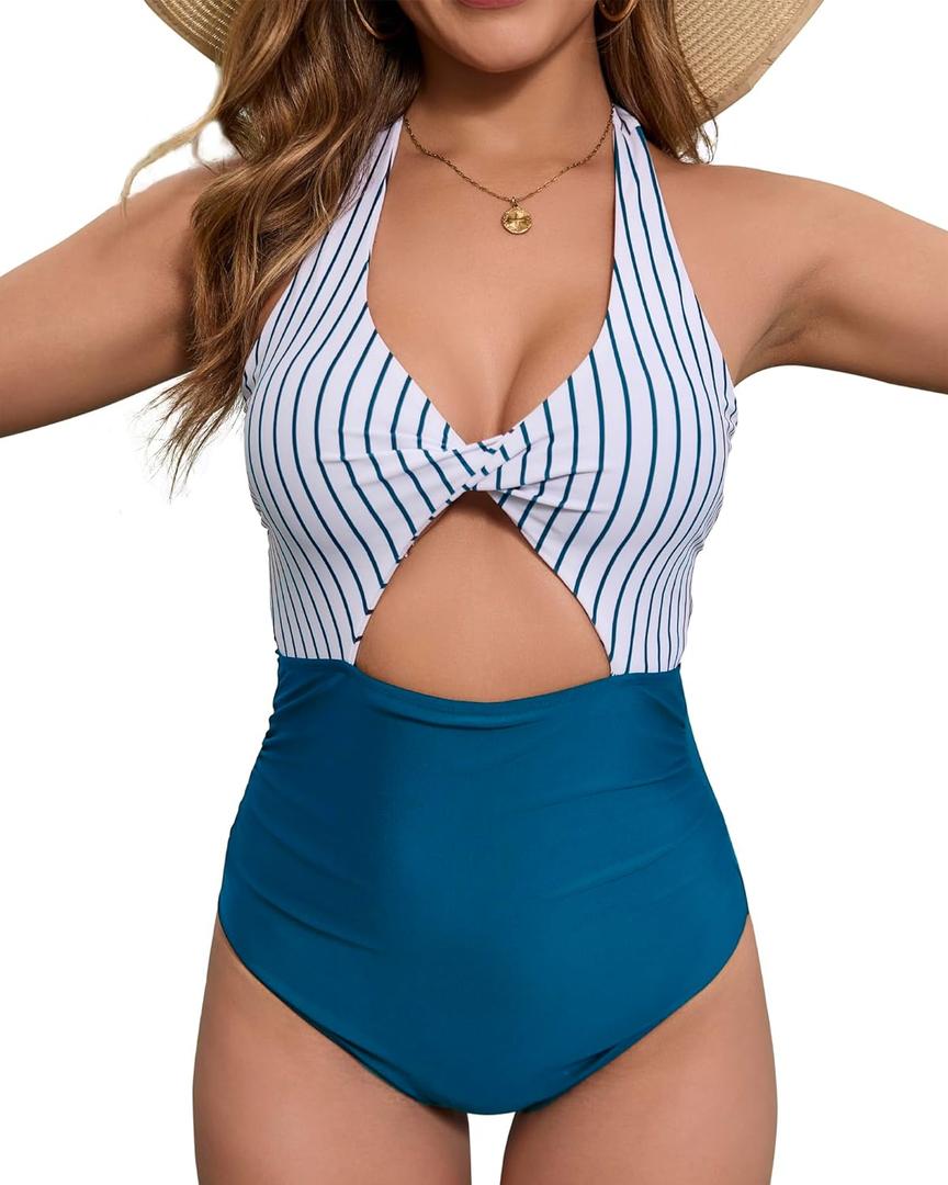 Women's One Piece Swimsuits Tummy Control Cutout High Waisted Bathing Suit Wrap Tie Back V Neck Swimwear (Blue, XL)