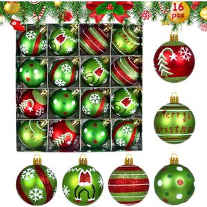 Christmas Decorations Ornaments for Tree - 16Pcs 2.4Inch Red and Green Glittering Hanging Ball Ornaments for Home Indoor Holiday Party Decor