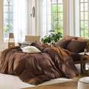 MooMee Bedding Duvet Cover Set 100% Washed Cotton Linen Like Textured Breathable Durable Soft Comfy (Solid Cocoa Brown, Queen 90"x90")