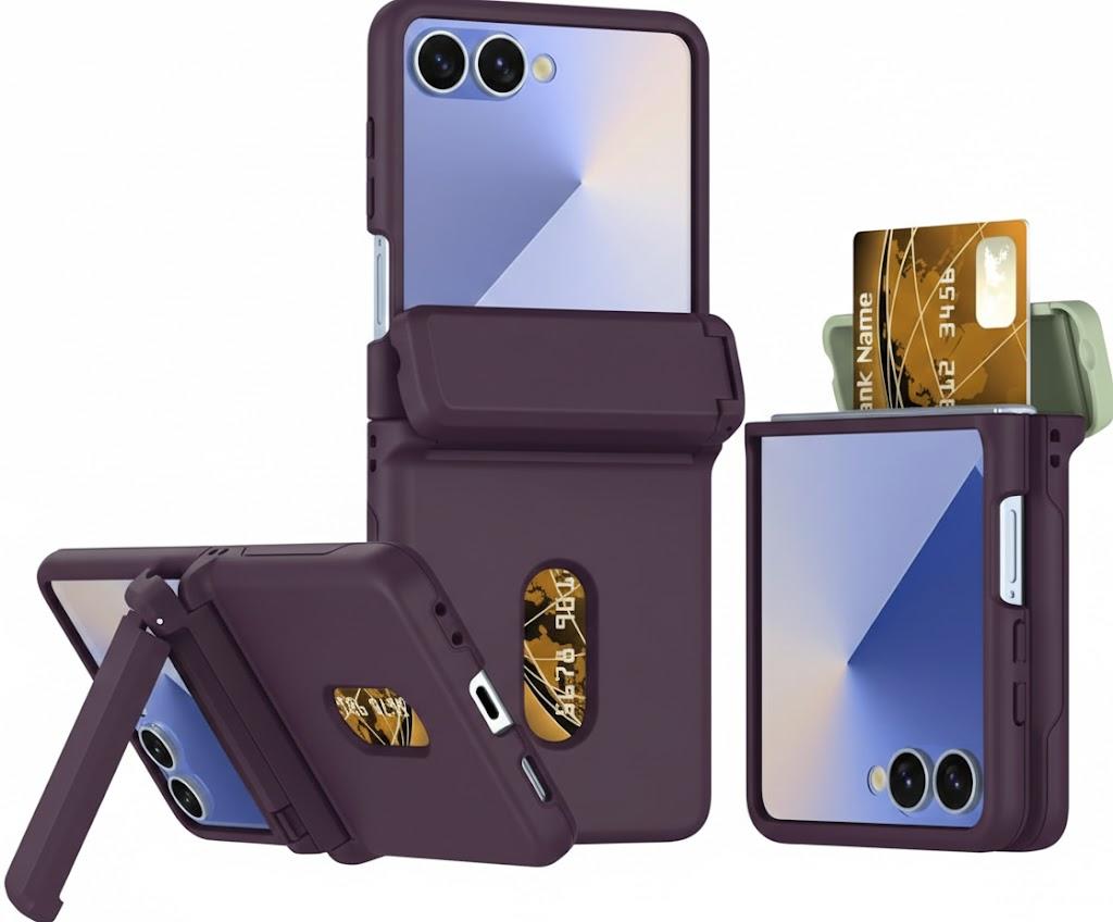 Asuwish Phone Case for Samsung Galaxy Z Flip 7 5G 2025 Cover and Cell Accessories Card Holder Slot Stand Kickstand Silicone Slim Hybrid Dual Layer Protective ZFlip7 Z7 G Flip7 7Z Women Dark Purple