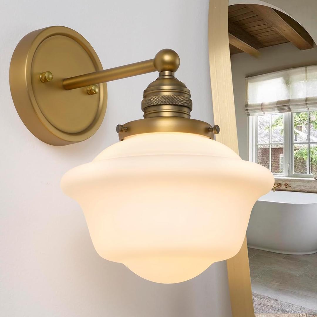 Gold Wall Sconce, Vintage Bathroom Vanity Light, Modern Frosted Milk Glass Sconces Brass Wall Lights for Living Room Bedroom Kitchen Hallway Stairway E26 Hardwire Indoor (1 Light Gyro)