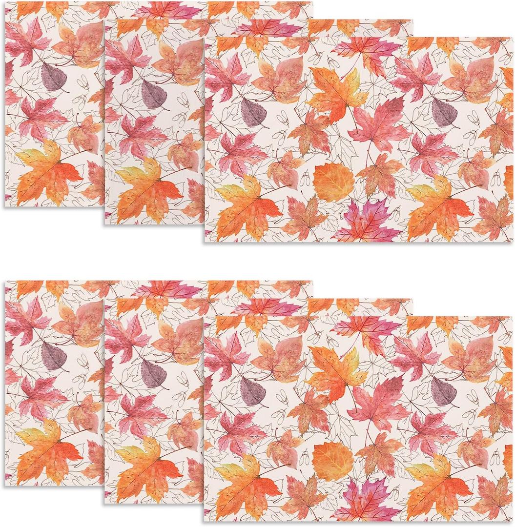 Softalker Fall Placemats Set of 6, 12 x 18 Inch, Printed Thanksgiving Maple Leaf Linen Table Mats, Seasonal Autumn Holiday Table Decorations for Kitchen, Dining, Party Decor