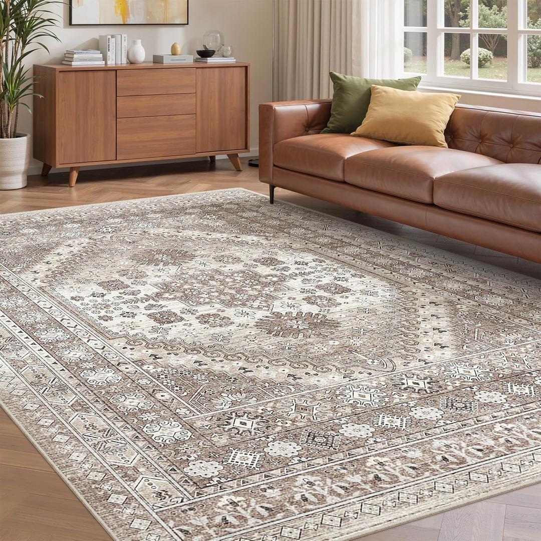 befbee 6x9 Area Rugs for Living Room - Stain Resistant Machine Washable Rugs for Bedroom, Non-Slip Backing Large Area Rug (Brown/Beige, 6'x9')