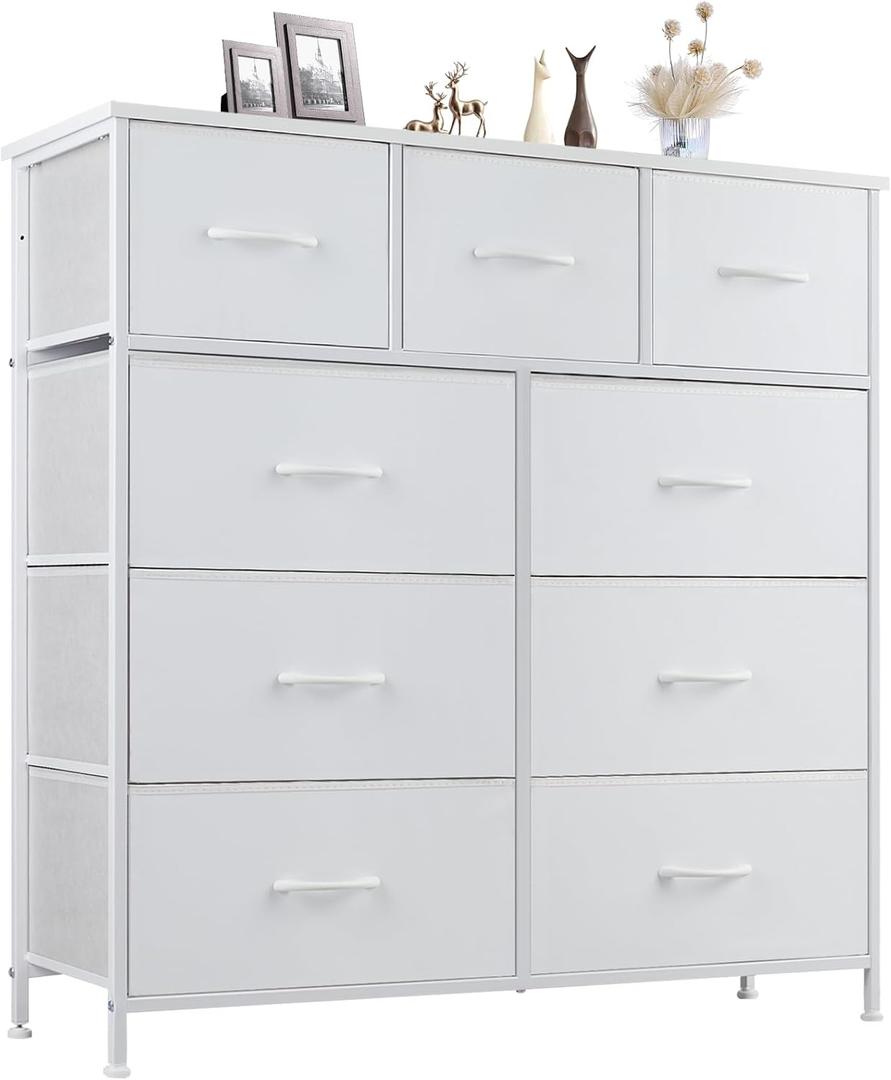 DUMOS Dresser for Bedroom, Storage Organizer with 9 Drawers, Chest of Drawers with Fabric Bins, Sturdy Metal Frame, Wood Tabletop for Guest Room, Closet, Entryway, White