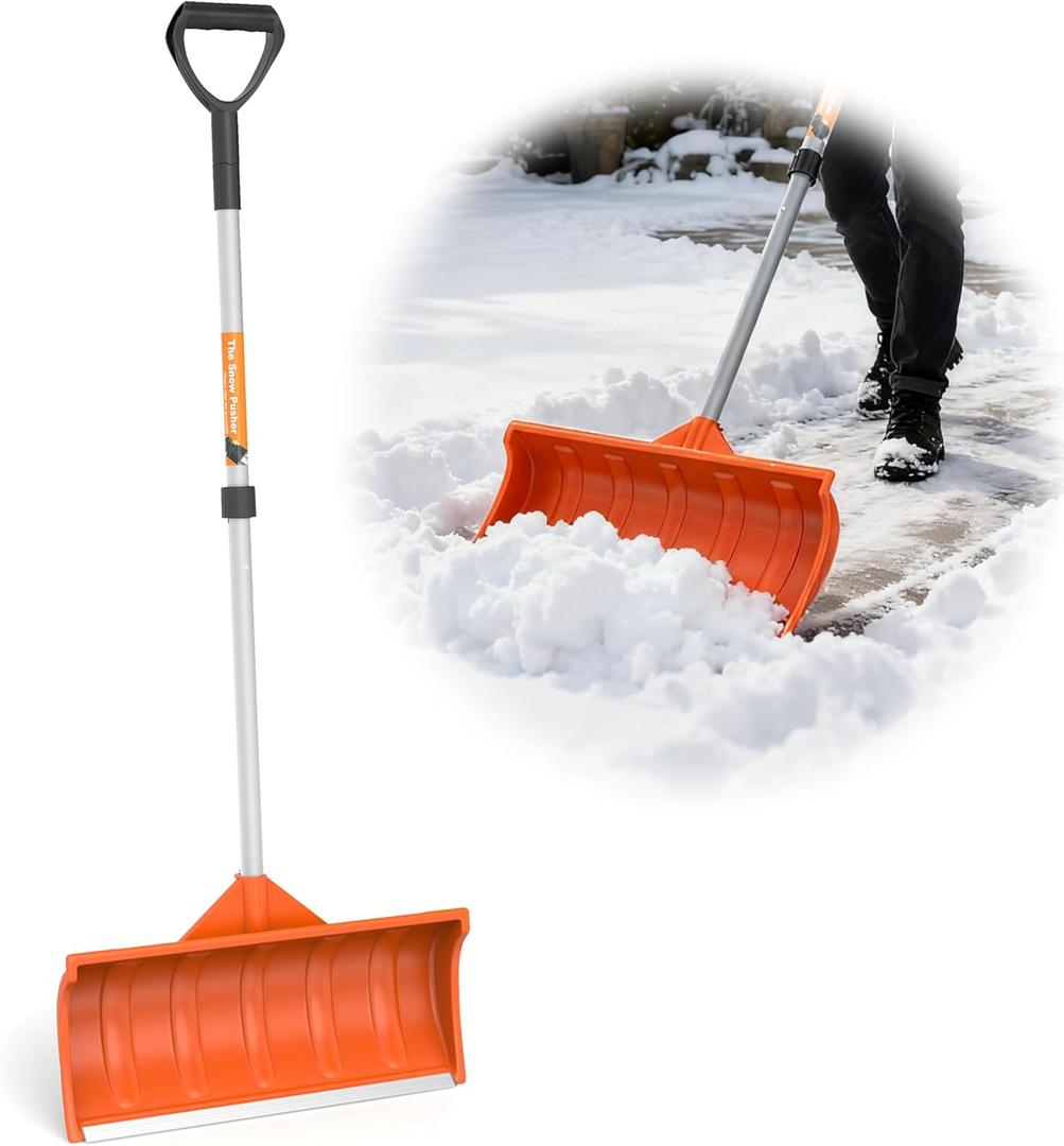 Snow Pusher, 24-inch Wide Snow Shovel for Driveway, Snow Removal Tool for Car Garage, Sidewalks and Doorways, Snow Pusher Shovel with Ergonomic Grip and Aluminum Strip, Orange