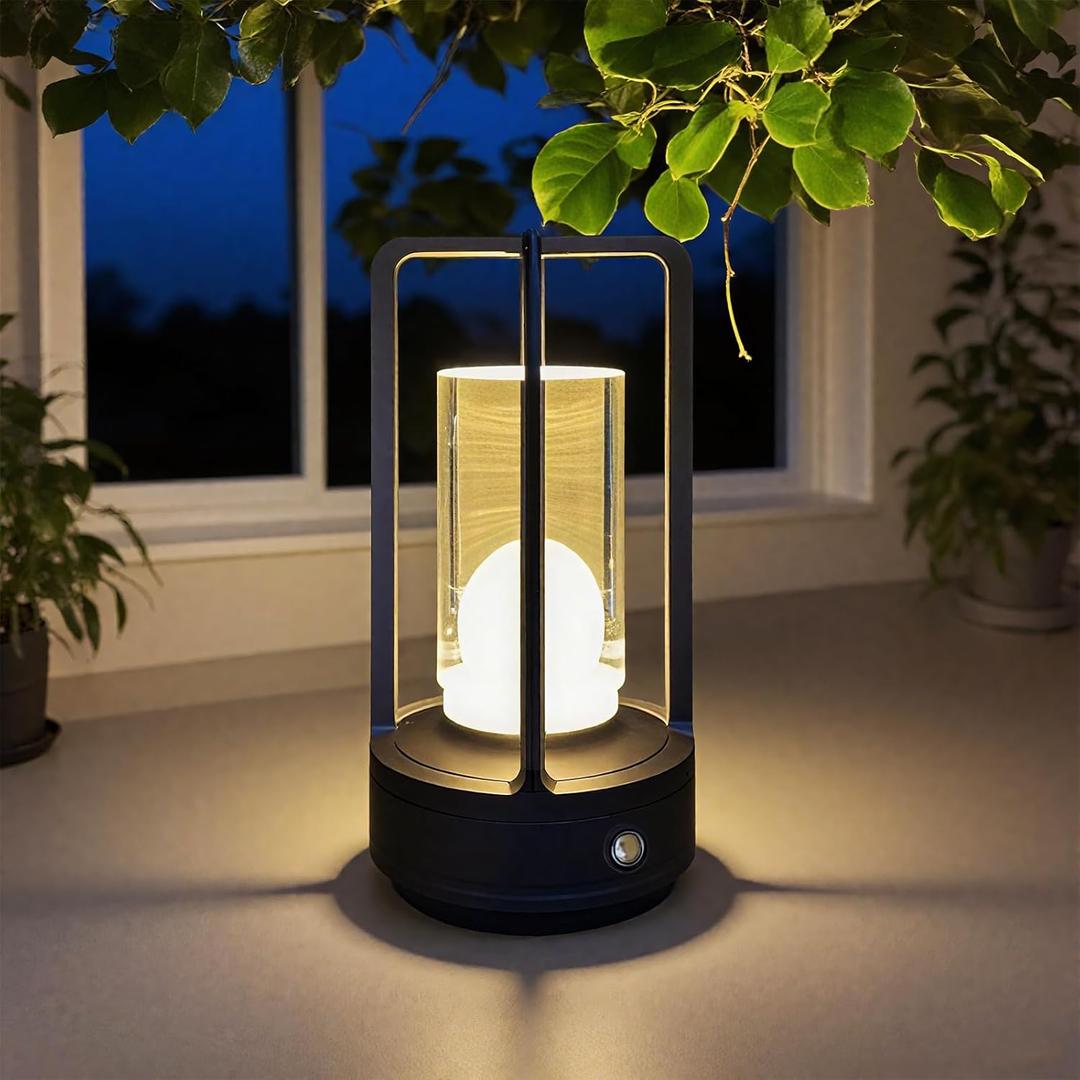 Portable Metal Table Lamp, 4000 mAh Outdoor Table Lights Rechargeable, 3 Color Stepless Dimmable Battery Operated Lamp for Patio, Camping, Bar Samll Desk Lamp for Indoor/ Outdoor (Black)