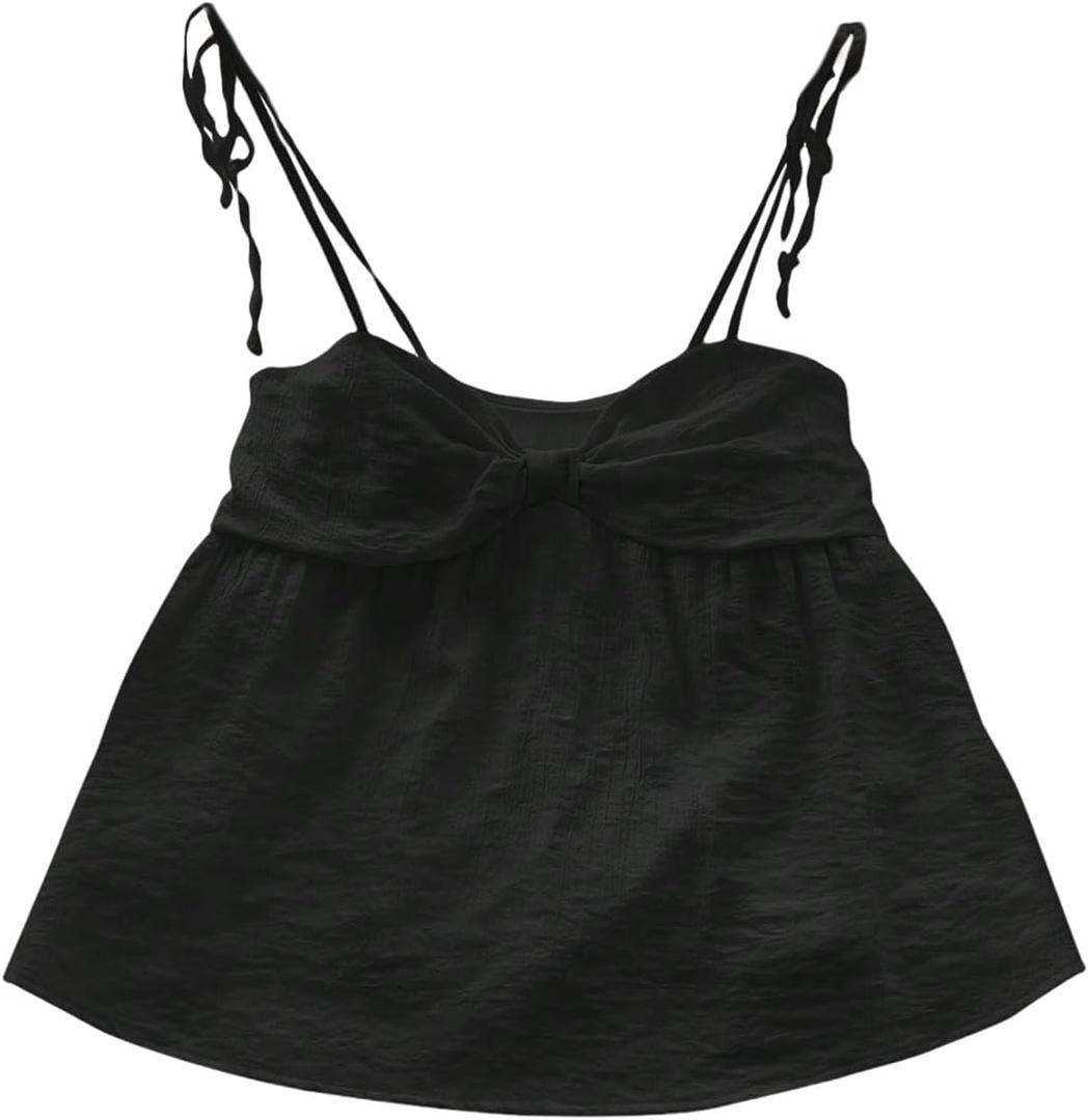 SOLY HUX Women's Summer Cami Tops Tie Shoulder Spaghetti Strap Ruched Peplum Ruffle Camisole Top (S)