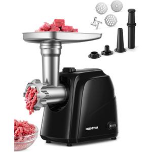 Electric Meat Grinder, Sausage Stuffer Maker Food Grinder with Blade & 3 Plates, Sausage Stuffer Tubes & Kubbe Kit, Heavy Duty Meat Mincer Machine for Home Kitchen Use (Black)