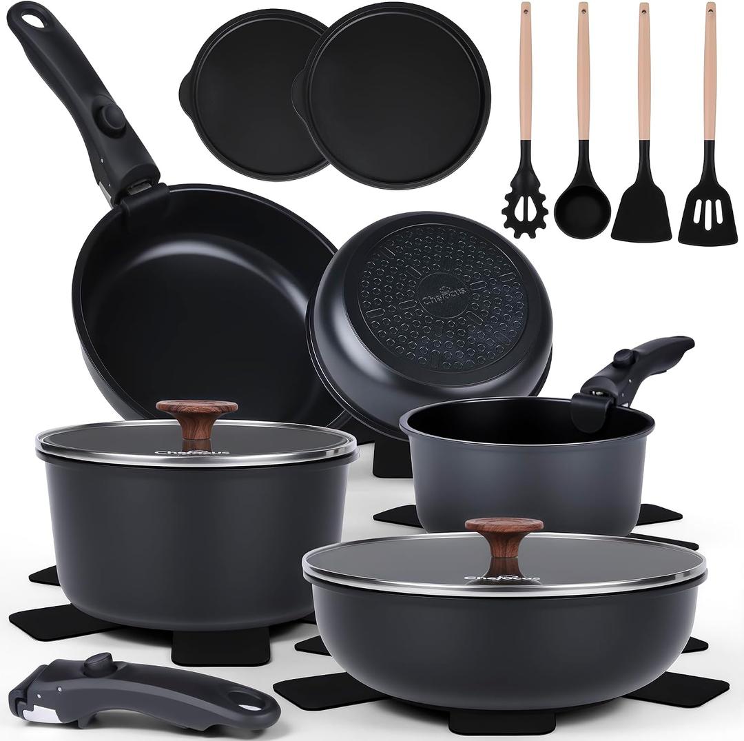 20-Piece Ceramic Nonstick Cookware Set | Detachable Handle, Stackable for RV | Oven & Dishwasher Safe, 20 pcs