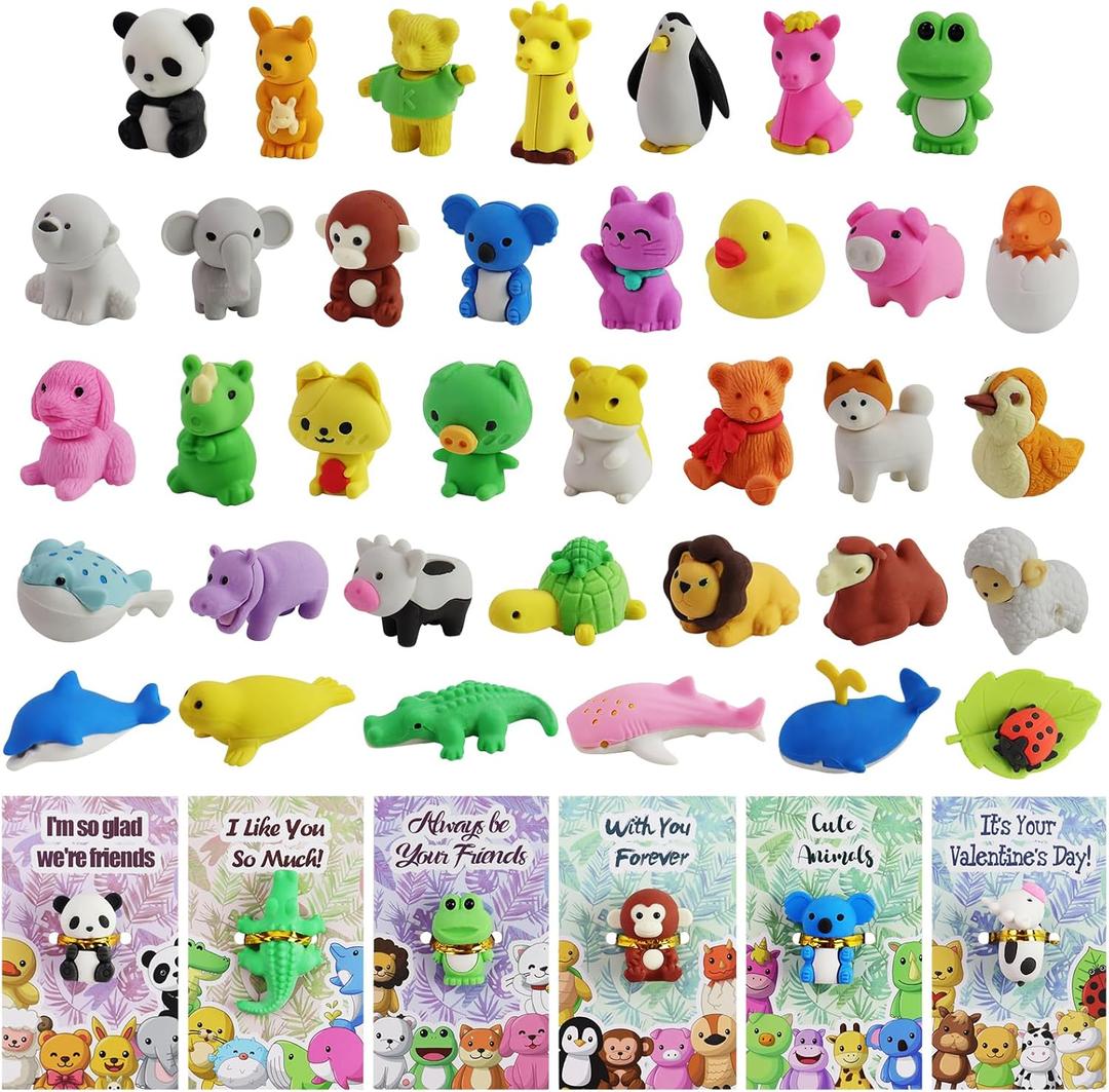 36 Pack Valentines Cards for Kids Classroom, Valentines Erasers for Kids Class Valentine's Greeting Cards with Assembly Cartoon Animal Erasers Toys, Classroom Exchange Gift for Kids Girls and Boys