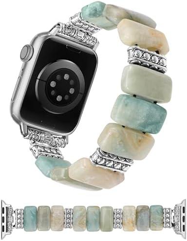 Moolia Natural Stone Bracelet Compatible with Apple Watch Band 41/40/38/42/44/45/46/49mm Women, Handmade Elastic Beaded Western Strap for iWatch Series 11 10 9 8 7 6 5 4 3 2 1 SE & Ultra（1/2/3）