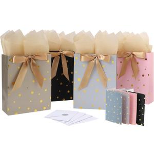 4-Pack 10.6 Medium Gift Bag Set with Handles, Greeting Card, Tissue Papers and Stickers for for Women Girls Men Boys Kids Teens for Birthday Party, Shopping, Wedding, Mothers Day, Gold Foil Dots design, 4 Pcs