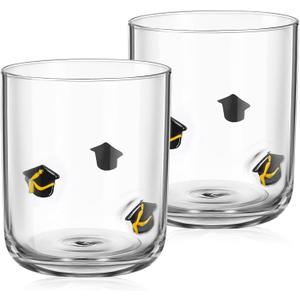 Maxdot 2 Pcs Graduation Icon Juice Glasses Wine Stemless 14oz Congrats Grad Cap Double Icon Cocktail Glass for Class of 2025 Party Favors Supplies(Gold)