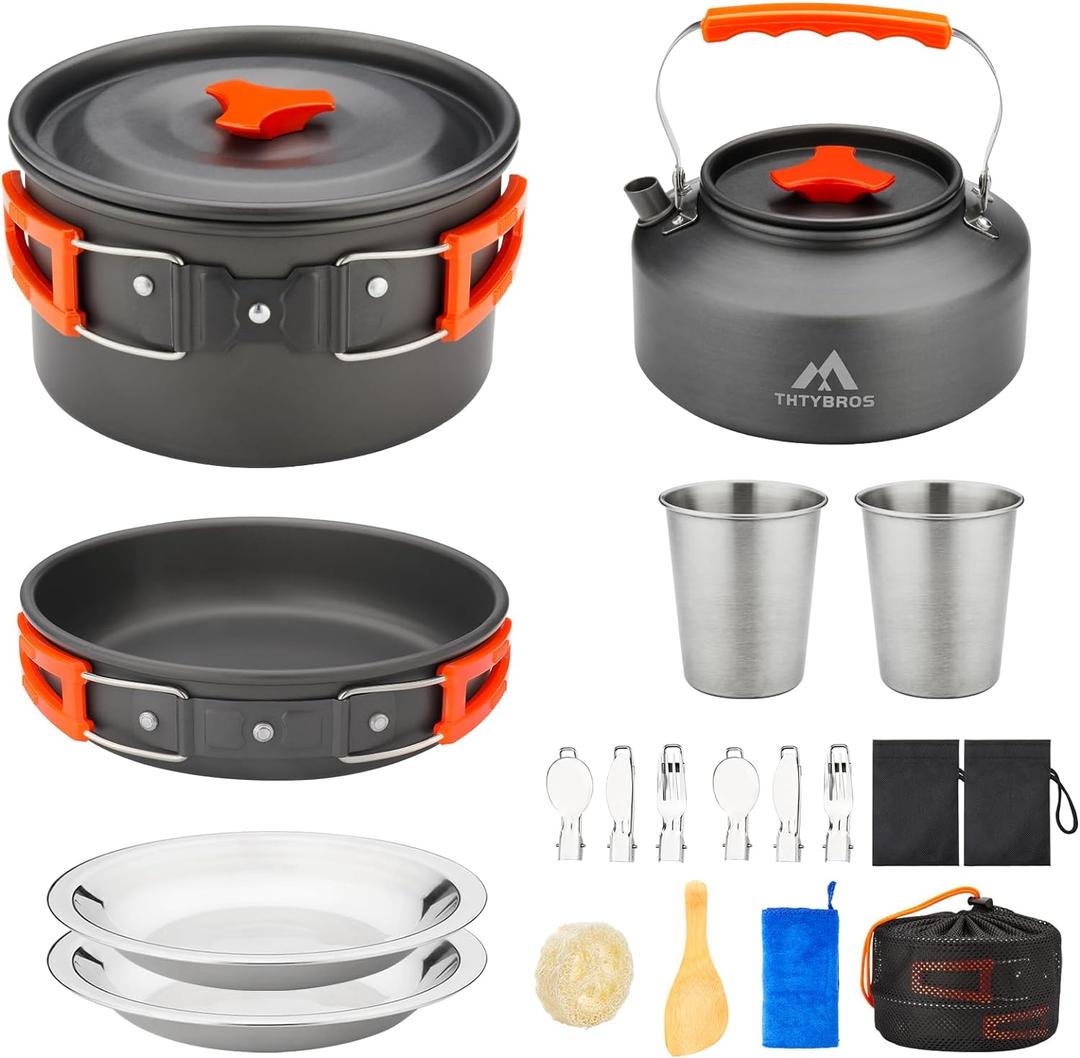 THTYBROS 17pcs Camping Cookware Kit, 0.45Gal Pot, 7inches Pan,0.30Gal Kettle Set with 2 Set Stainless Steel Cups Plates Forks Knives Spoons for Hiking, Grey