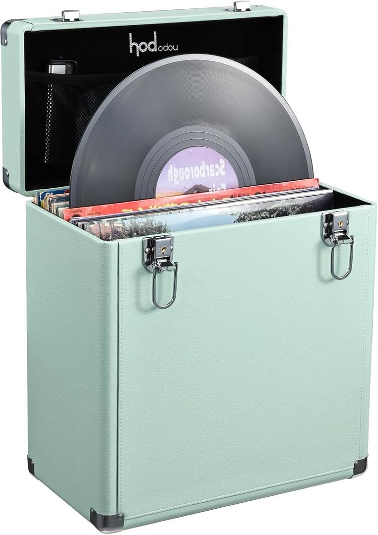 Hododou Vinyl Record Storage Box with Lock Record Organizer Storage for 30+ Single Records 12-inch Water Resistant Collapsible Storage Crate with Lid Handle Mesh Pouch for Valuable Album Collection
