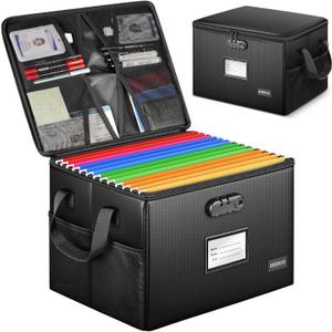 DEEGO Fireproof Document Box, Water-Resistant File Organizer Box with Lock for Document Safe, Collapsible File Organizer with Handle, Filing Cabinets for Home Office for Hanging Letter/Legal Folder (Black 1 Layer)