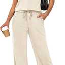 Casly Lamiit Two Piece Sets for Women Summer Travel Outfits V Neck Cap Sleeve Top Wide Leg Pant Set Casual Lounge Clothes (L)
