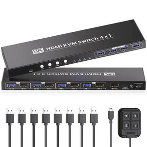 HDMI KVM Switch 1 Monitors 4 Computers, 8K@60Hz 4K@120Hz USB 3.0 4 Port HDMI KVM Switch for 4 PCs Share 1 Set of Keyboard, Mouse and Monitor