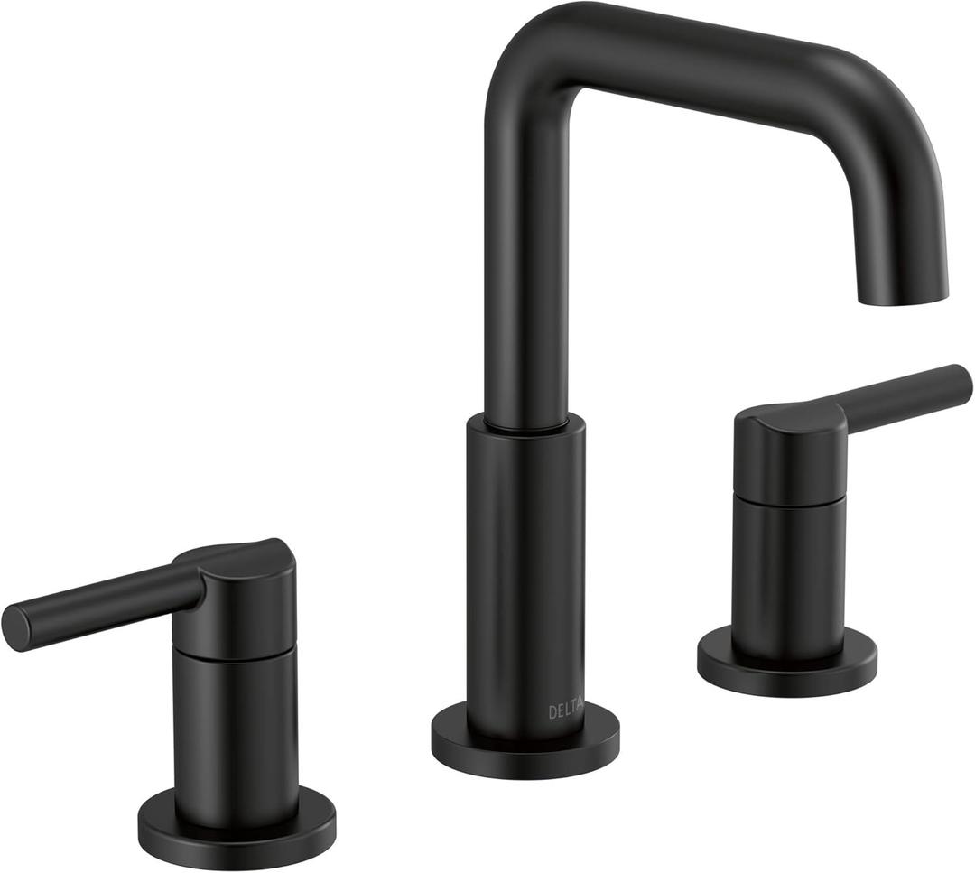 Delta Nicoli Matte Black Bathroom Faucet 3 Hole, 8 Inch Widespread Bathroom Sink Faucet for Vanity, Push-Pop Drain Assembly, Matte Black 35849LF-BL