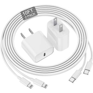 for iPhone Charger Fast Charging 10 Ft, 20W USB C Rapid Phone Charger Block with Long USB C to Lighting Cable 10 Foot, Compatible with iPhone 14 Pro/13 Pro Max/12/11Pro/Mini/SE, 2 Pack - White