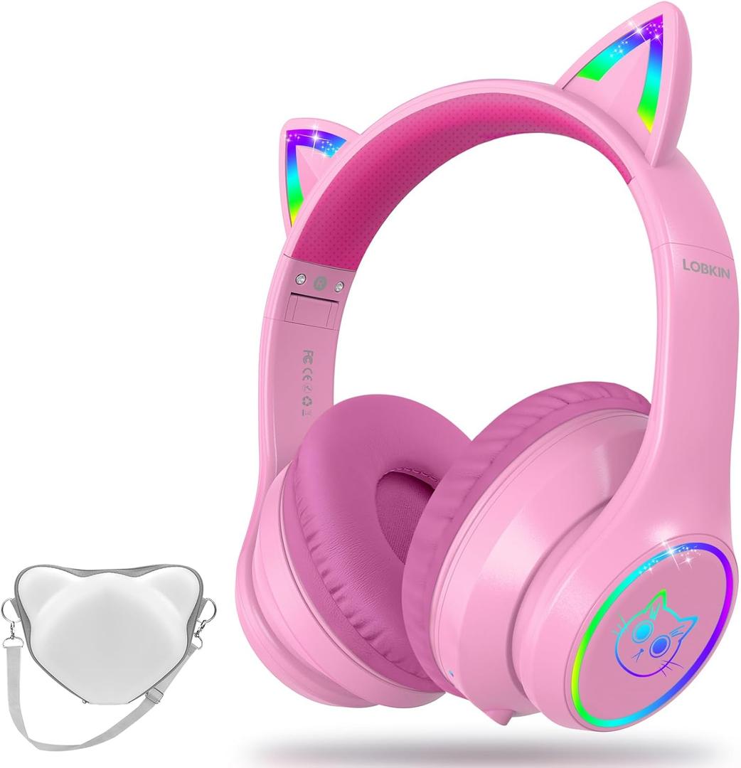 LOBKIN Bluetooth 5.4 Kids Headphones with Case - RGB LED Light Up Cat Ears Foldable Adjustable Over Ear Headphone Support Wireless or 3.5mm Wired Mode for Toddler & Girls & Boys Teens LOBKIN Bluetooth 5.4 Kids Headphones with Case - RGB LED Light Up Cat Ears Foldable Adjustable Over Ear Headphone Support Wireless or 3.5mm Wired Mode for Toddler & Girls & Boys Teens