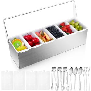 Mifoci 1 Pack Stainless Steel Chilled Condiment Server 6 Removable Slot Toppings Containers with Lid and Bottom Ice Bar Garnish Tray with 9 Silverwares 4 Ice Boxes for Christmas Party, Events and Bar, as shown in the picture