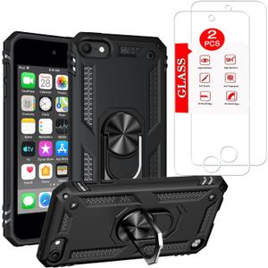 for iPod Touch 7/6/5 Generation Case with [2 Pack] Tempered Glass Screen Protector, Hybrid Heavy Duty Protection Shock Resistant Cover for iPod Touch 5/6/7th Generation Case Black
