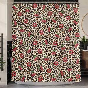Cheetah and Cherry Shower Curtain, Vintage Cheetah Print Shower Bath Tub Curtain, Leopard Cherry Aesthetic Waterproof Bathroom Decor(72 X 72 Inches)