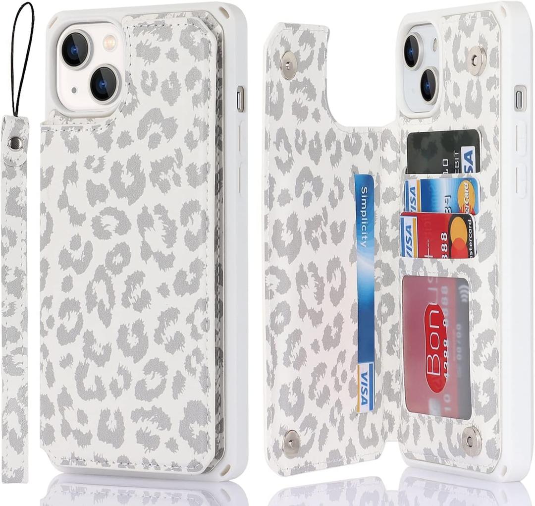 Cavor for iPhone 13 Case with Card Holder, for iPhone 13 Wallet Case for Women Men, Stand and Strap,Leopard Grain Shockproof Protective-White