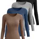 Neer 4 Pack Women's Ribbed Long Sleeve Shirts, Cotton Crew Neck Slim Fit Tops Stretch Knit Casual Base Layer Basic Tee Shirts (Beige, XS)