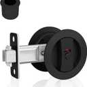 Round Pocket Door Lock and Edge Pull, Privacy Pocket Door Latch with Color Coded Indicators, Matte Black Flush Pocket Door Hardware Fits 1-1/4" ~ 2-1/5" Door Thickness, 2-3/8" Backset