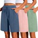 Neer 3 Pack Bermuda Shorts for Women Wide Leg High Waisted Drawstring Gym Lightweight Baggy Shorts with Pockets, M