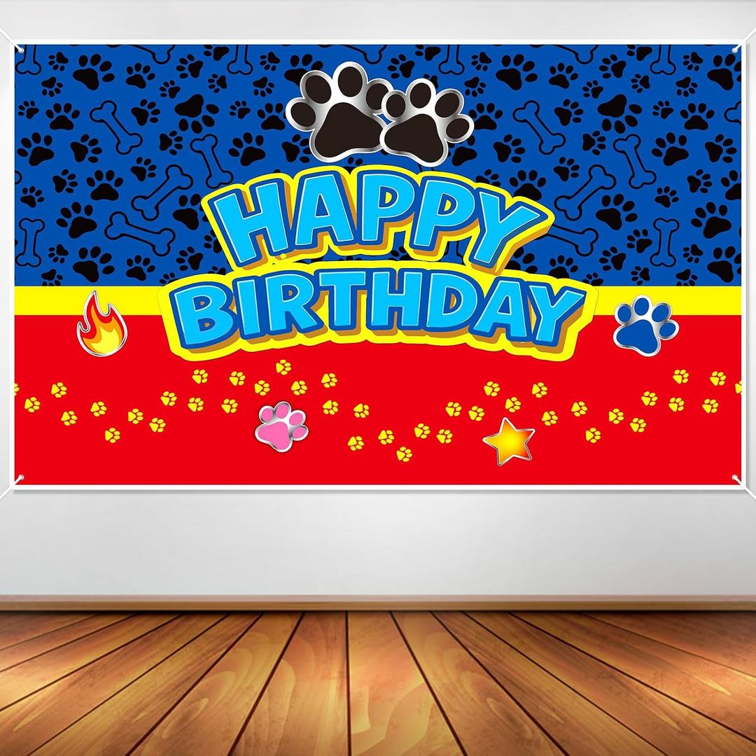 2 x Dog Paw Birthday Backdrop, 59.1x39.4in Cartoon Dog Themed Backdrop for Boys Girls Party Decorations Baby Shower Photo Banner Props