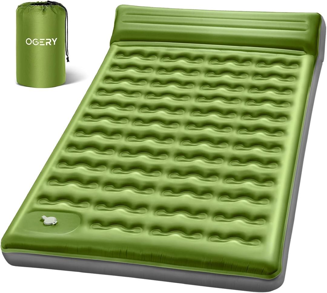 OGERY Double Sleeping Pad, Ultralight Inflating Inflatable Sleeping Pad for Camping with Pillow Built-in Foot Pump, 6" Extra-Thick Reinforced Camping Pad for Hiking, Backpacking, Tent, Green