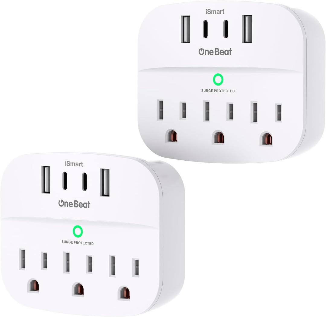 One Beat 2 Pack Multi Plug Outlet Splitter with USB,Surge Protector Outlet Extender with 3 Wall Outlets 4 USB Wall Charger (2 USB C), 490 J, ETL Listed, Small Outlet Adapter Plug Extender for Travel,WH