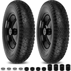 4.80/4.00-8" Flat Free Wheelbarrow Tires and Wheels, 14.5" Universal Fit Solid Tires with 5/8" or 3/4" Bearing, 3"-7" Hub, Adapter Kit Hand Truck Wheels Replacement for 3.50/2.50-8", 4.00-6"etc, 2 PCS