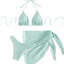 SHENHE Women's 3 Piece Textured High Cut Halter Triangle Bikini Swimsuit with Cover Up (Mint Green, S)