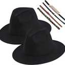 2 Pack Mens Womens Fedora Hat Classic Wide Brim Floppy Panama Hat with Ring Belt Buckle Fashion Fedora Hat (One Size, Black+black)